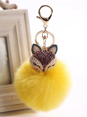 Yellow Rhinestone Fox Fluffy Pom-Pom Kawaiicore, Keychain. H-6.4” W-3”. New.